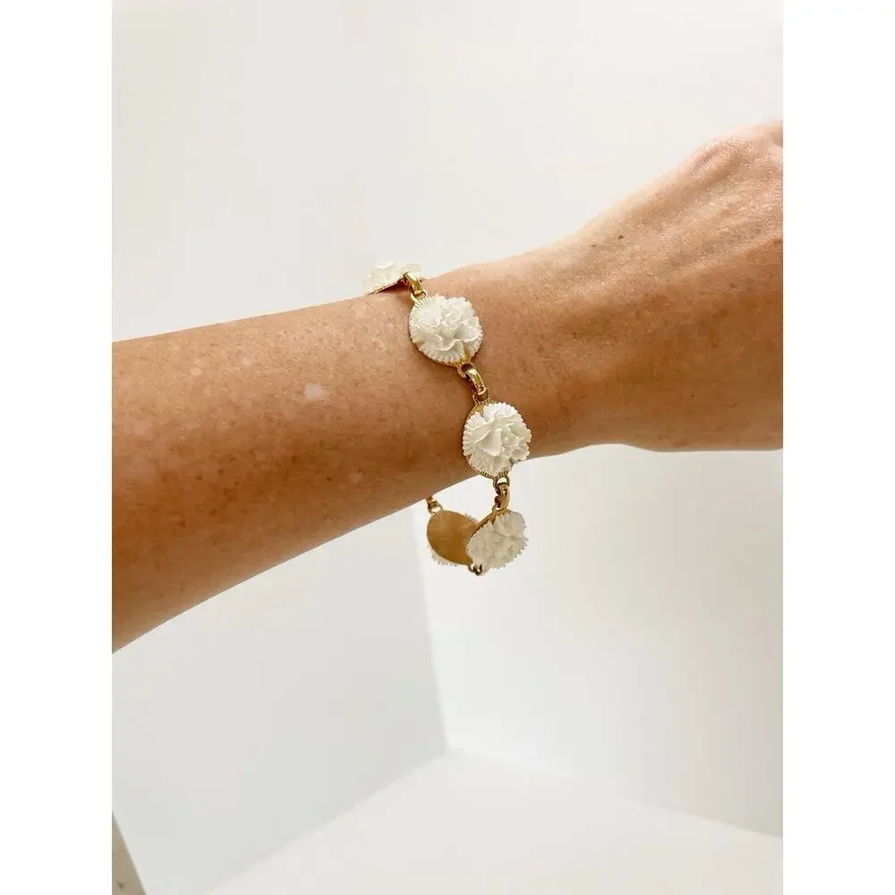 Vintage Carved White Plastic Floral Link Bracelet